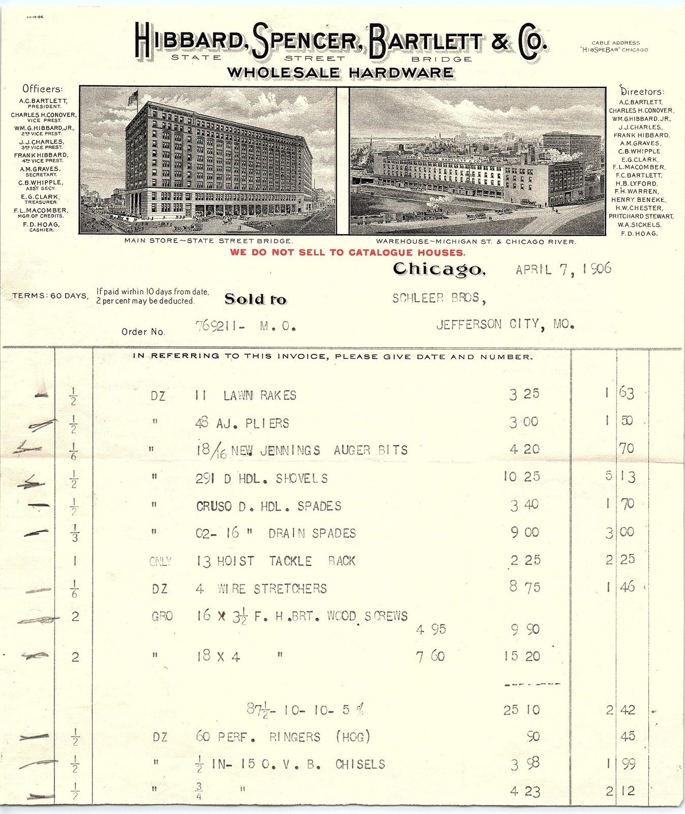 1906 Hibbard, Spencer, Bartlett & Co. Hardware Billhead