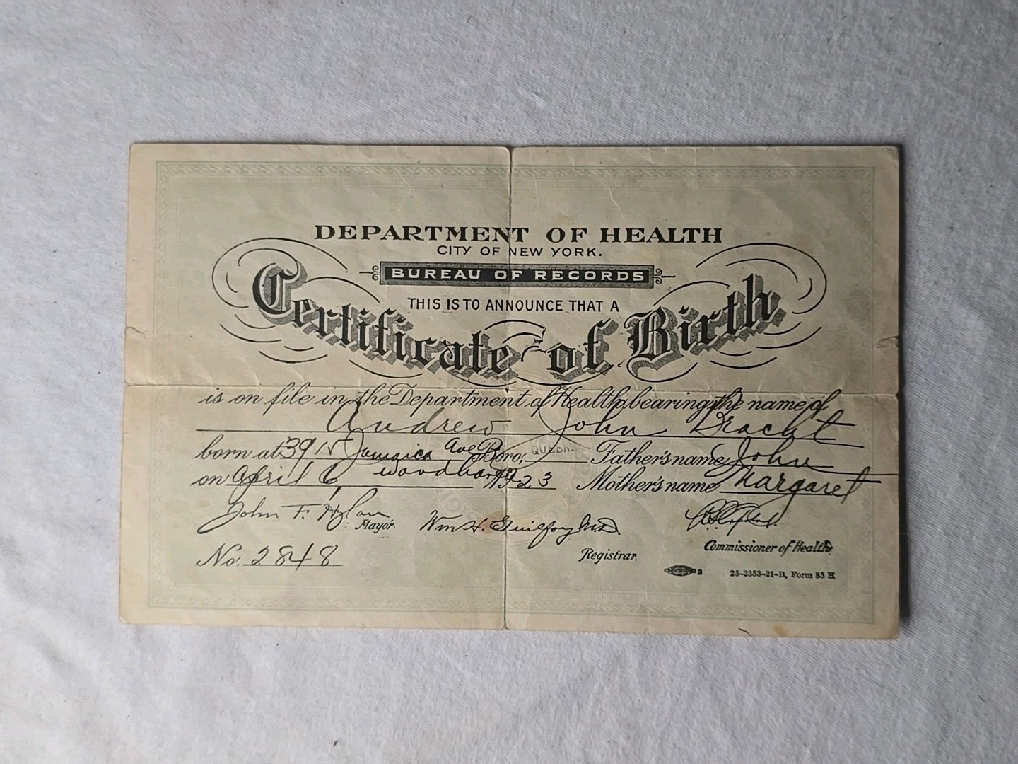 Birth Certificate - Vintage 1923 City Of New York Birth Certificate - Vintage 1923 City Of New York