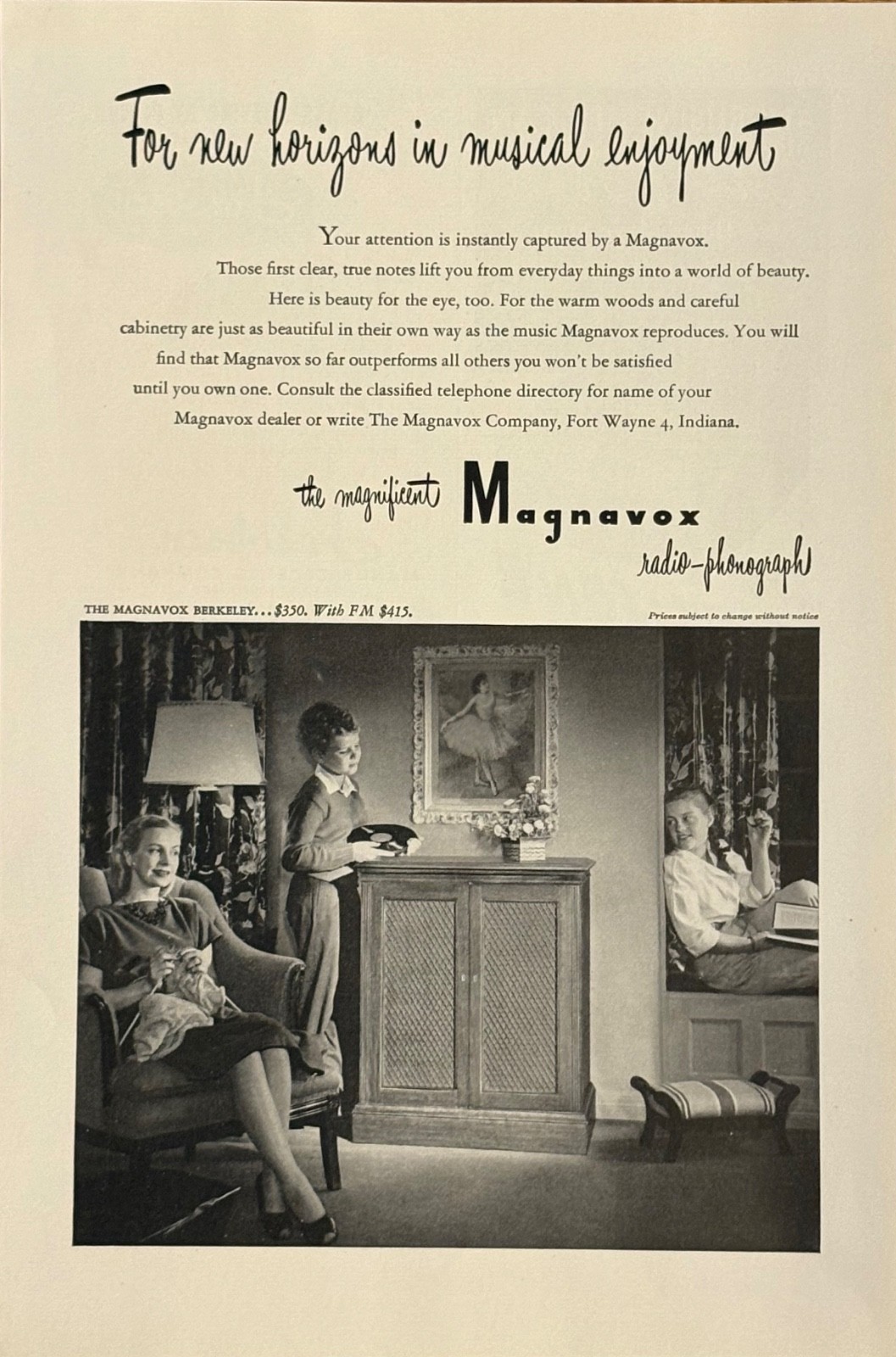 1948 Magnavox Print Ad Radio Phonograph Berkeley New Horizons Musical Enjoyment