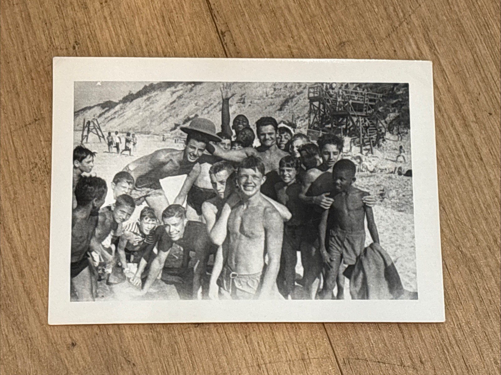 Vintage Photo Group Pose Young Men Beach, 4”x2.5” B&W, Glossy, 1950’s