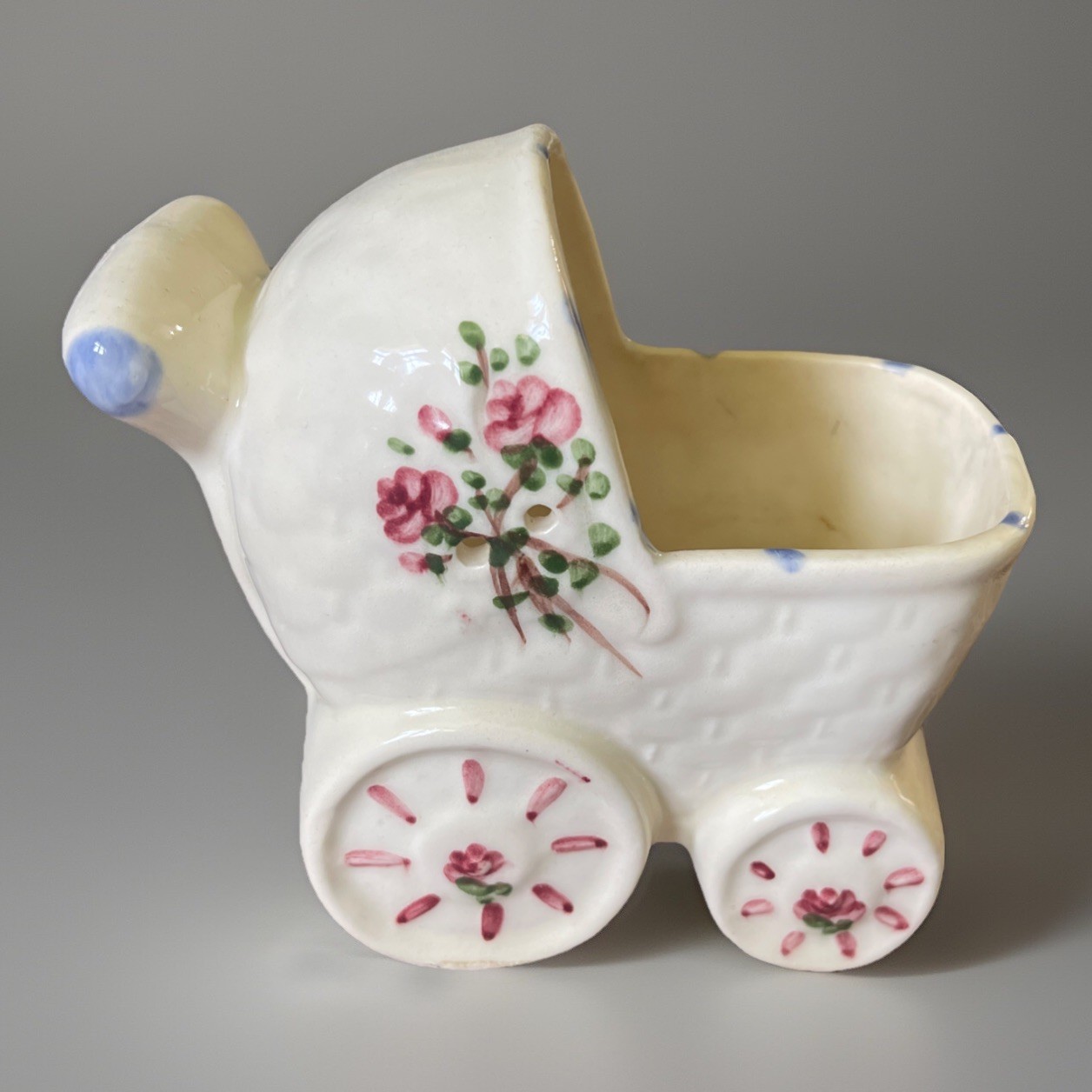 Vintage Ceramic Baby Carriage Planter - Ariston Floral Hand-painted Nursery Deco Vintage Ceramic Baby Carriage Planter - Ariston Floral Hand-painted Nursery Deco
