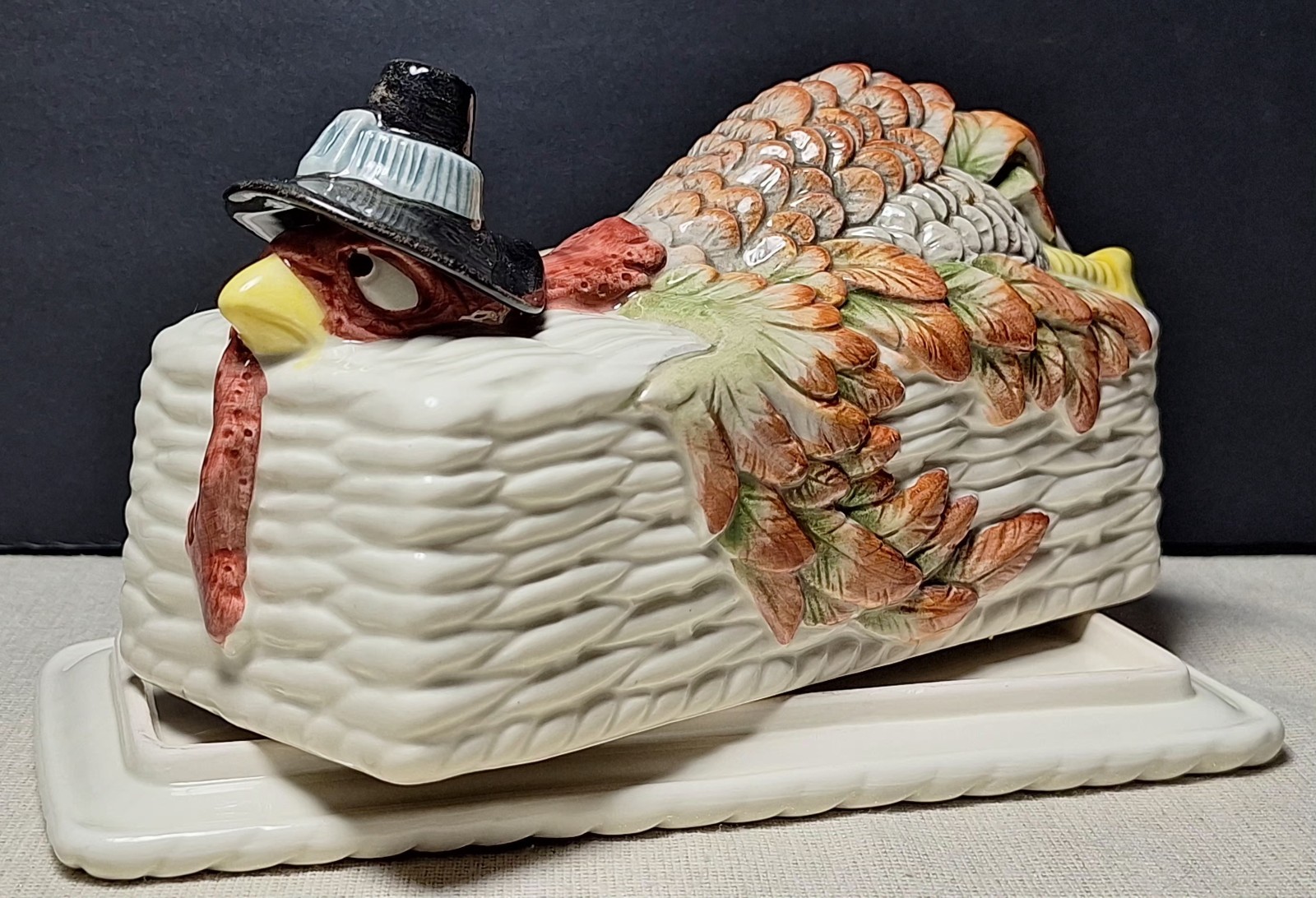 Pilgrims Progress Fitz And Floyd Ceramic Butter Dish Thanksgiving Turkey Vintage