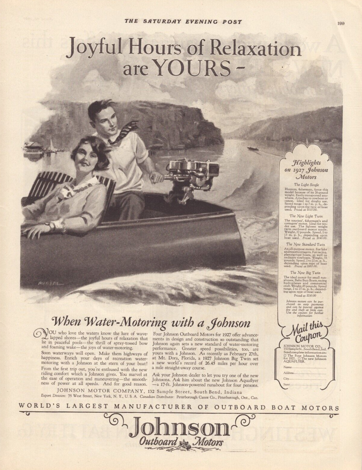 1927 Johnson Outboard Motors - South Bend Indiana - Vintage Print Ad
