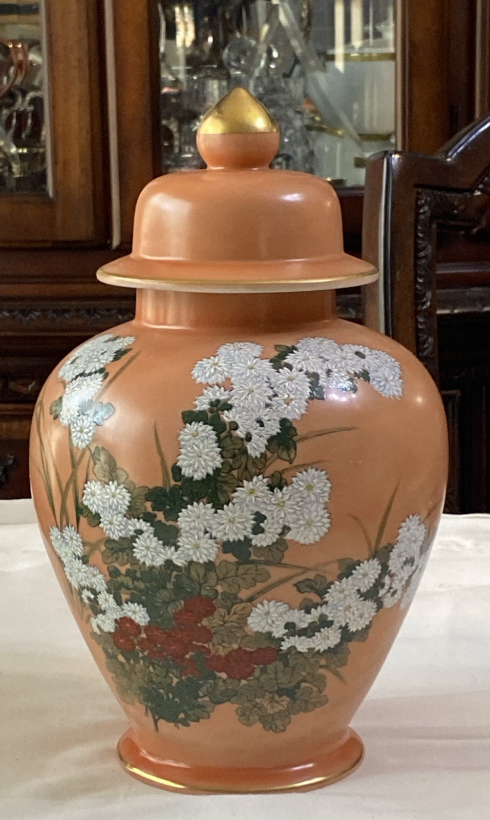 Vintage Hand Painted Ginger Jar Lidded Orange Gold White Flowers 12” Tall Japan Vintage Hand Painted Ginger Jar Lidded Orange Gold White Flowers 12” Tall Japan