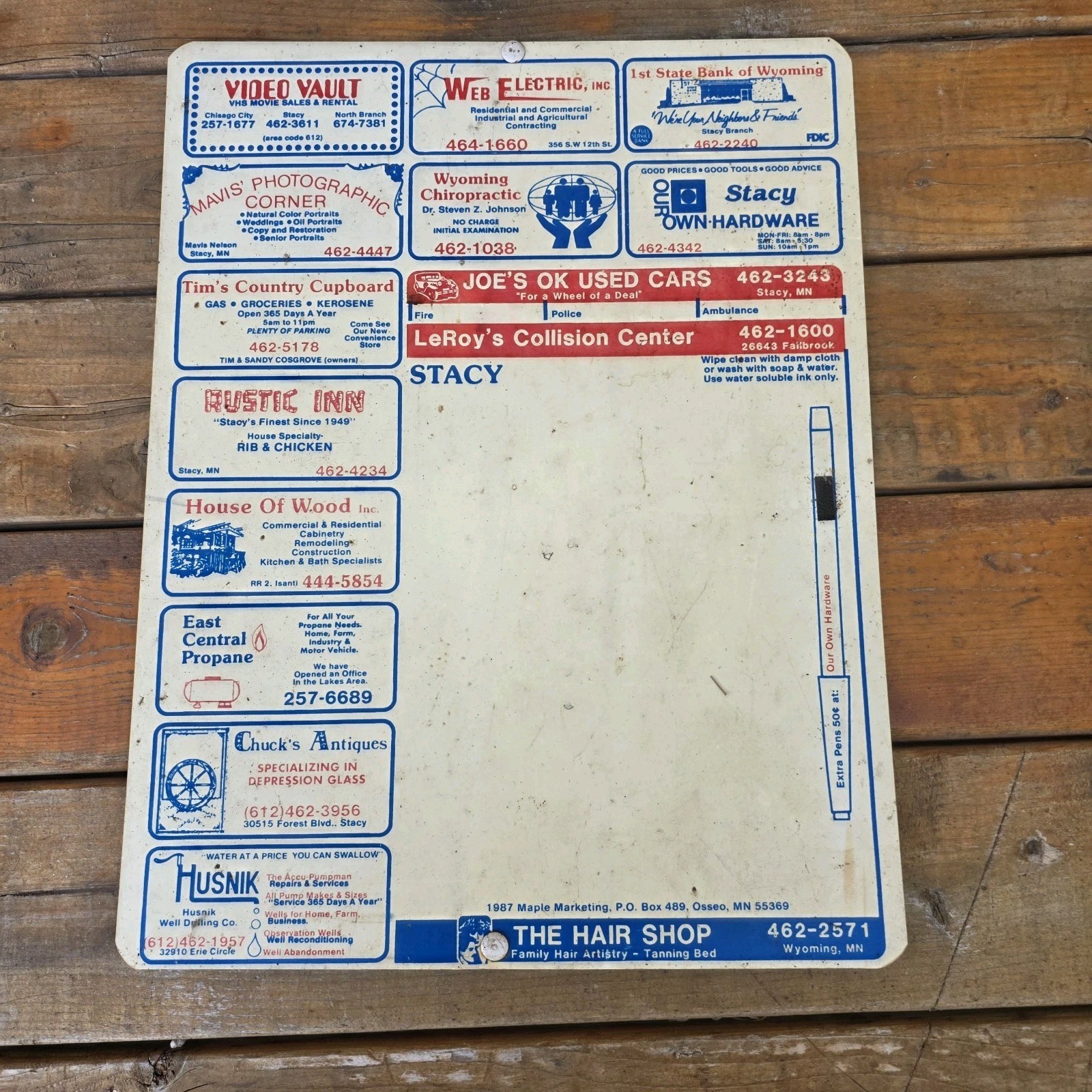Vintage 1987 Stacy MN Advertising Dry Erase Memo Board 10.5x13.5 Maple Marketing