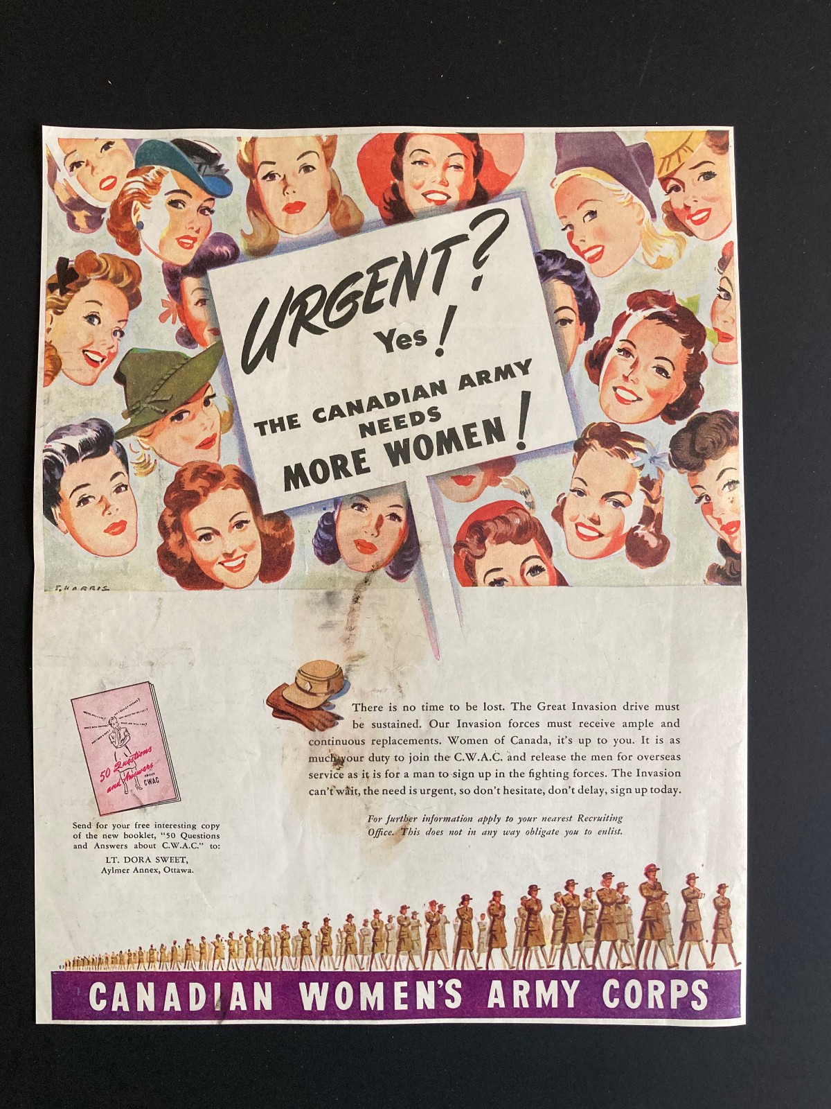 1944 CANADA AD WWII CWAC CANADIAN WOMEN\'S ARMY CORP RECRUITING URGENT NEEDED