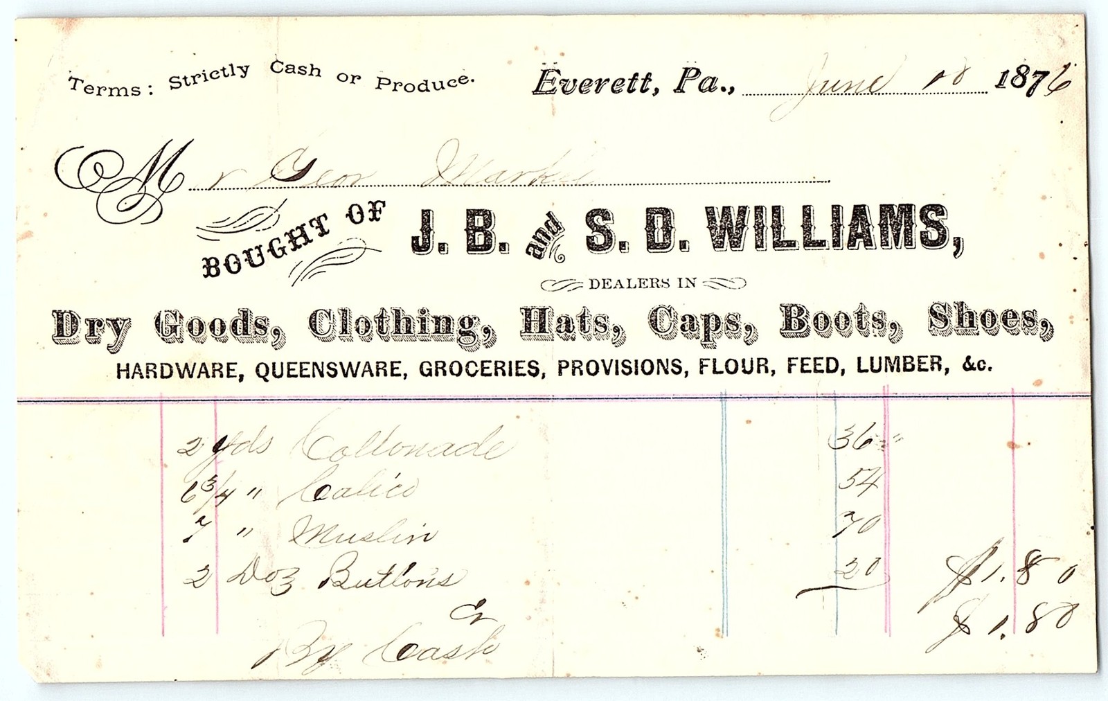1874 J.B. & S.D. Williams Everett PA Dry Goods Billhead