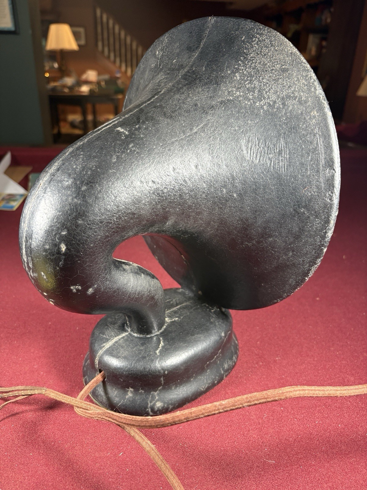 Post WWI Black Pyralin Radio Horn Speaker Wiring Intact, Very Unusual Base Post WWI Black Pyralin Radio Horn Speaker Wiring Intact, Very Unusual Base