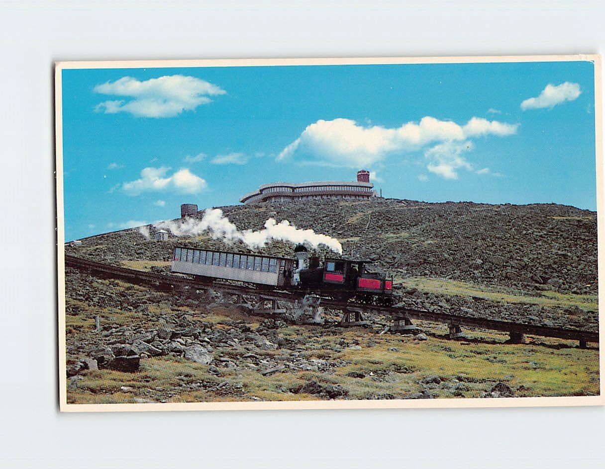 Postcard The Cog Railway approaching the Sherman Adams Summit Building USA