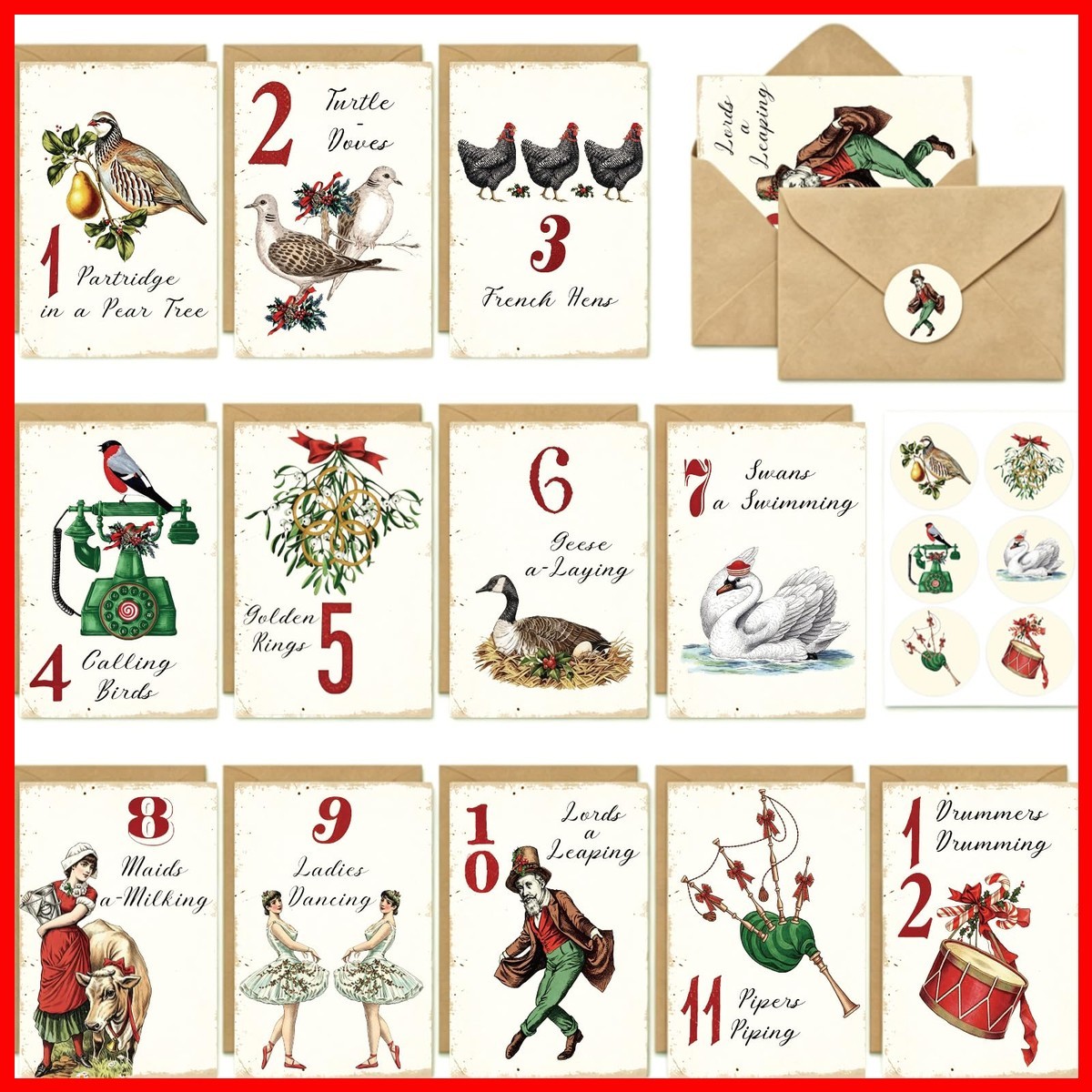 Whaline 12 Pcs Christmas Greeting Cards, Vintage 12 Days Of Christmas Whaline 12 Pcs Christmas Greeting Cards, Vintage 12 Days Of Christmas