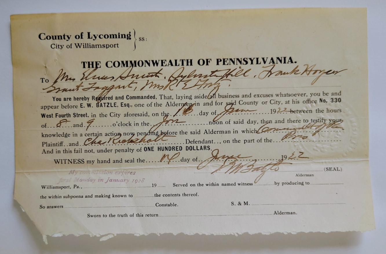 1922 County of Lycoming City of Williamsport Pennsylvania, Court Document