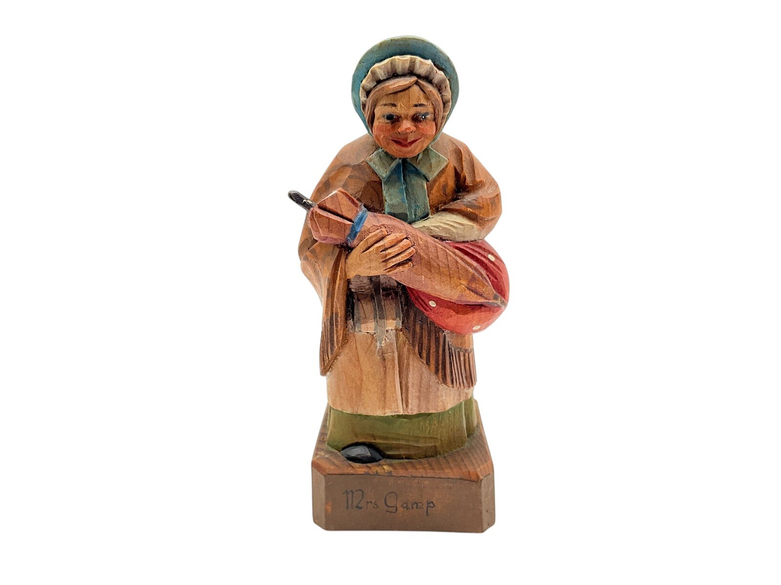 ANRI Vintage Wood Carving Mrs. Gamps Collectible Wood Figurine Cottagecore