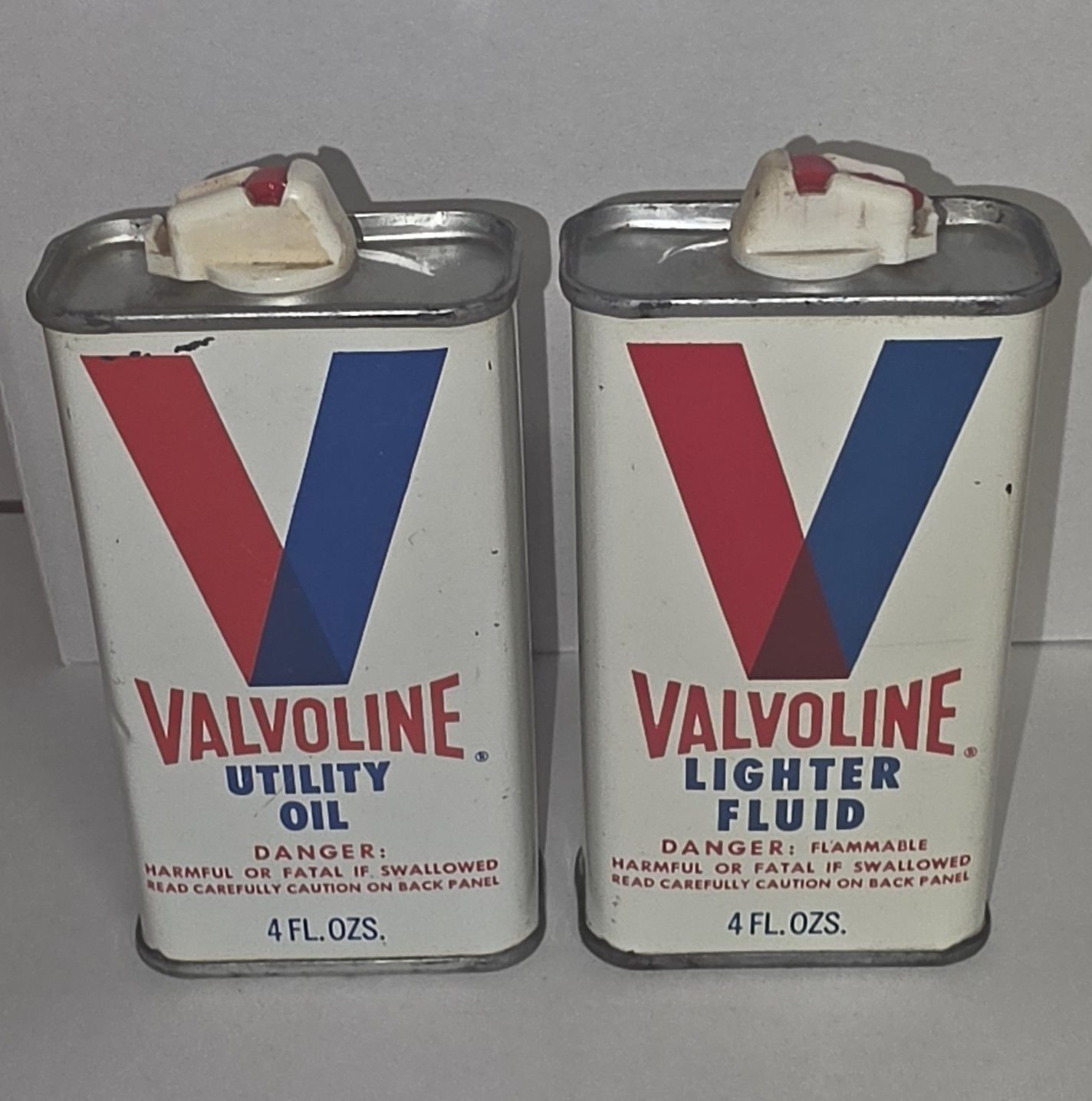 Lot of 2 Vintage Valvoline Tins / Oilers. Lighter Fluid & Utility Oil. 65-76 Era