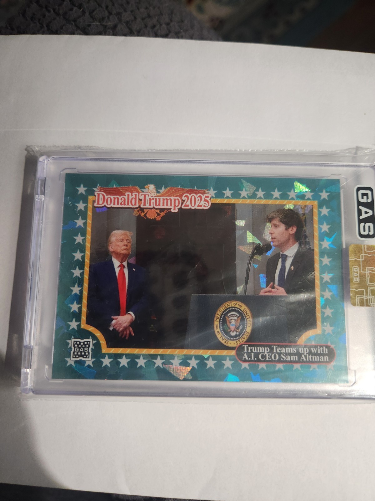 2025 GAS Donald Trump SAM ALTMAN OpenAI ChatGPT rare CRACKED ICE Foil Card # /25 2025 GAS Donald Trump SAM ALTMAN OpenAI ChatGPT rare CRACKED ICE Foil Card # /25