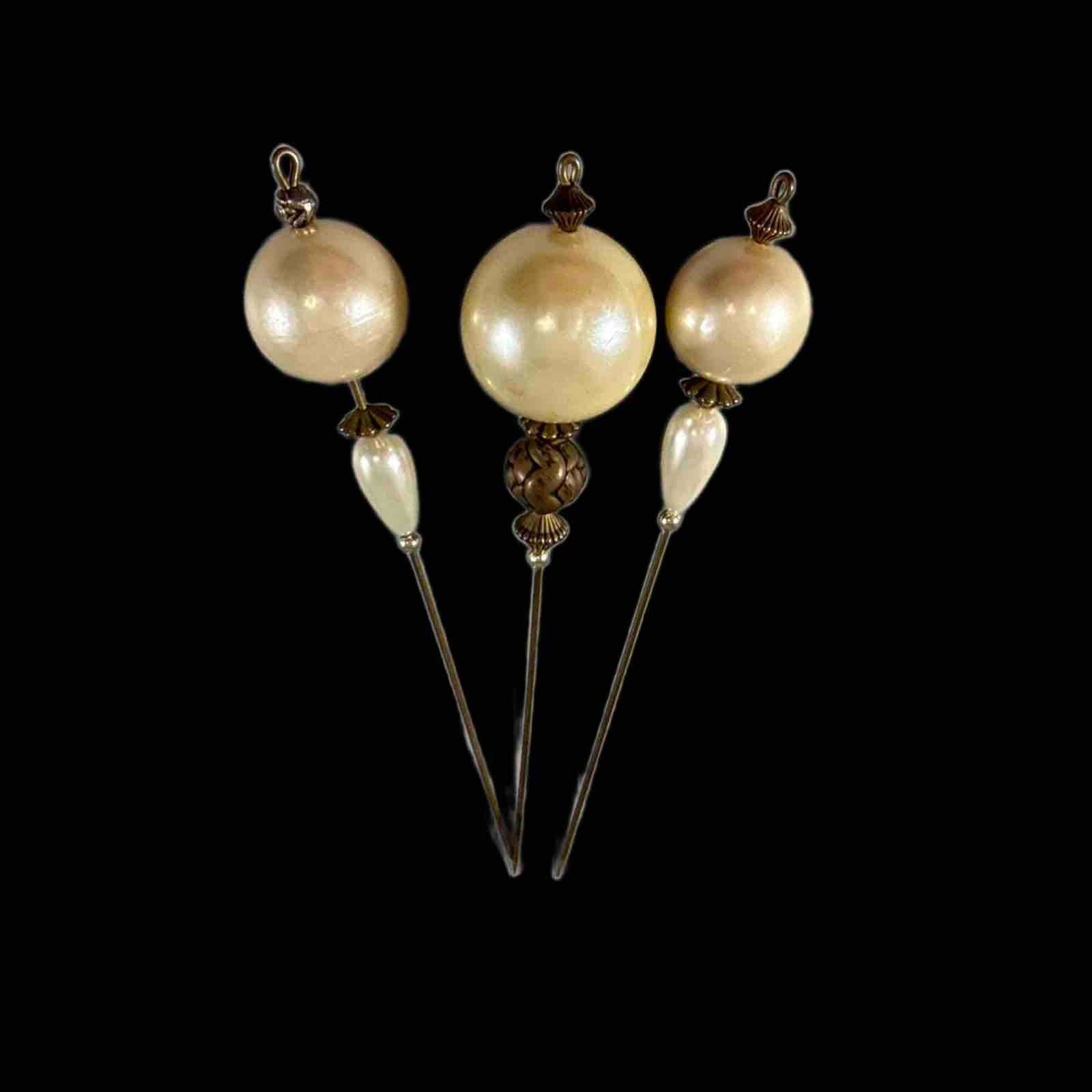 Lot Of 3 Antique Estate Victorian Hat Pins Brass Art Faux Pearls 6 Inches Lot Of 3 Antique Estate Victorian Hat Pins Brass Art Faux Pearls 6 Inches