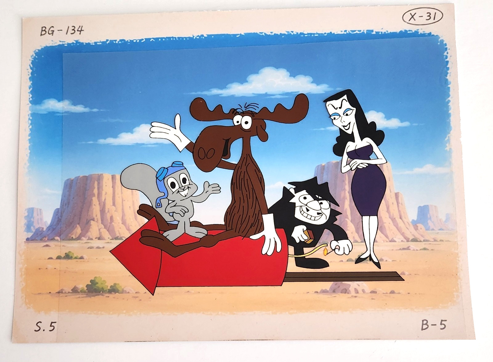ROCKY BULLWINKLE W/BORIS NATASHA HAND PAINTED 1988 JAY WARD SCENE ANIMATION CEL ROCKY BULLWINKLE W/BORIS NATASHA HAND PAINTED 1988 JAY WARD SCENE ANIMATION CEL