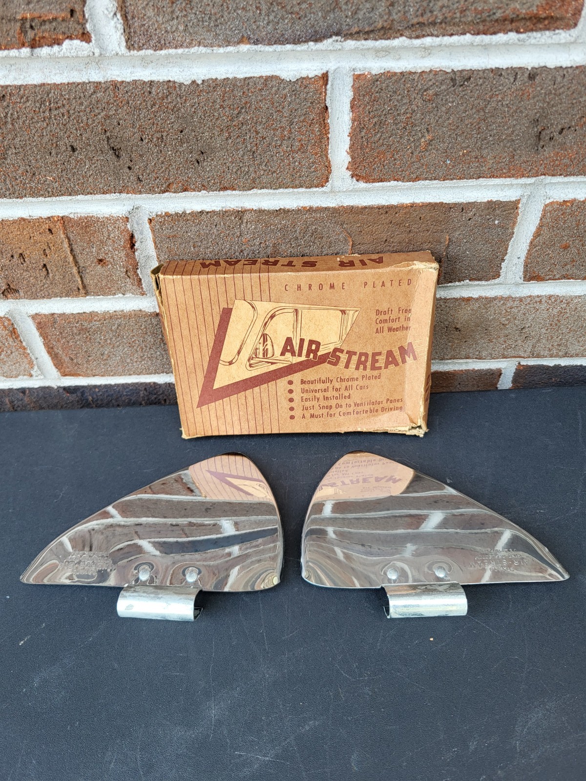 Vintage Air Stream Chrome Wing Wind Deflectors Air Changer Pair 1940s 1950s NOS Vintage Air Stream Chrome Wing Wind Deflectors Air Changer Pair 1940s 1950s NOS