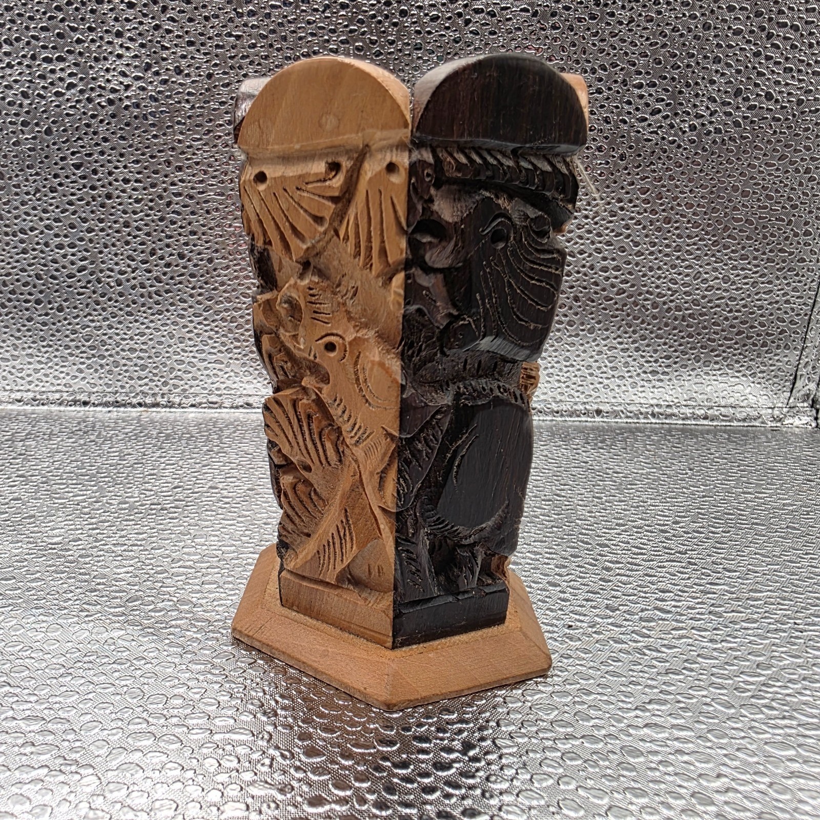 Vtg Hand-Carved African Wood Vase – Jungle Animals Two-Tone 6-Sided 4