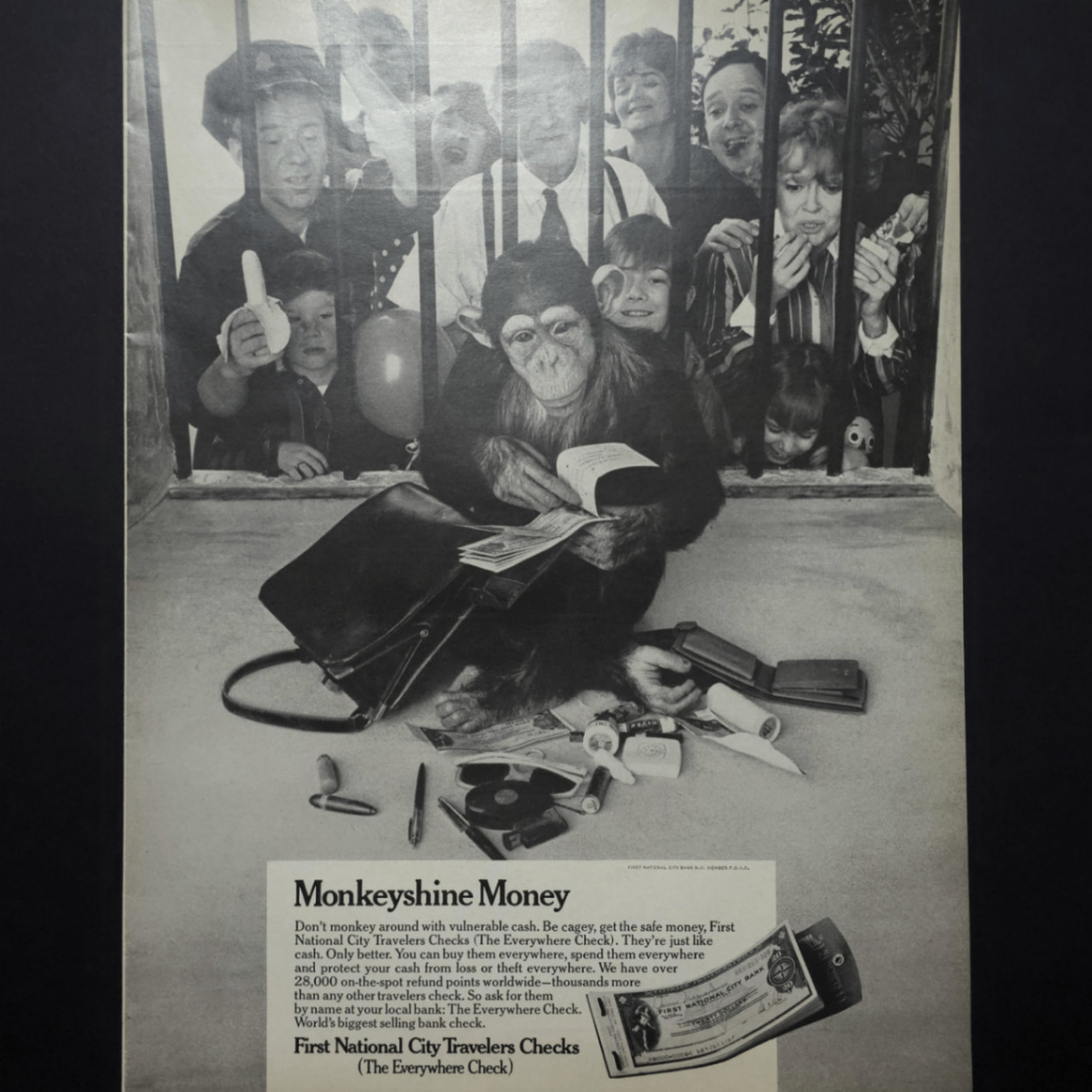 First National City Travelers Checks Monkeyshine Money Chimpanzee 1969 Print Ad First National City Travelers Checks Monkeyshine Money Chimpanzee 1969 Print Ad