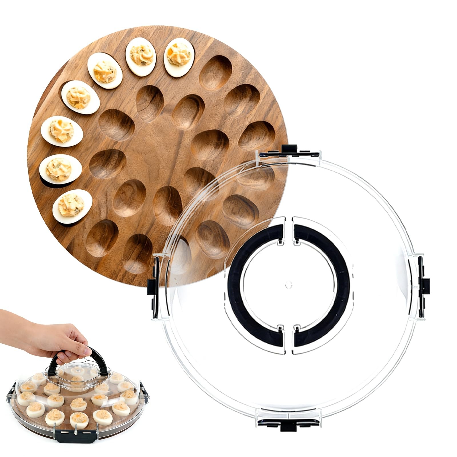 Black 24 Slot Wooden Deviled Egg Platter Carrier Container Holder With Lid