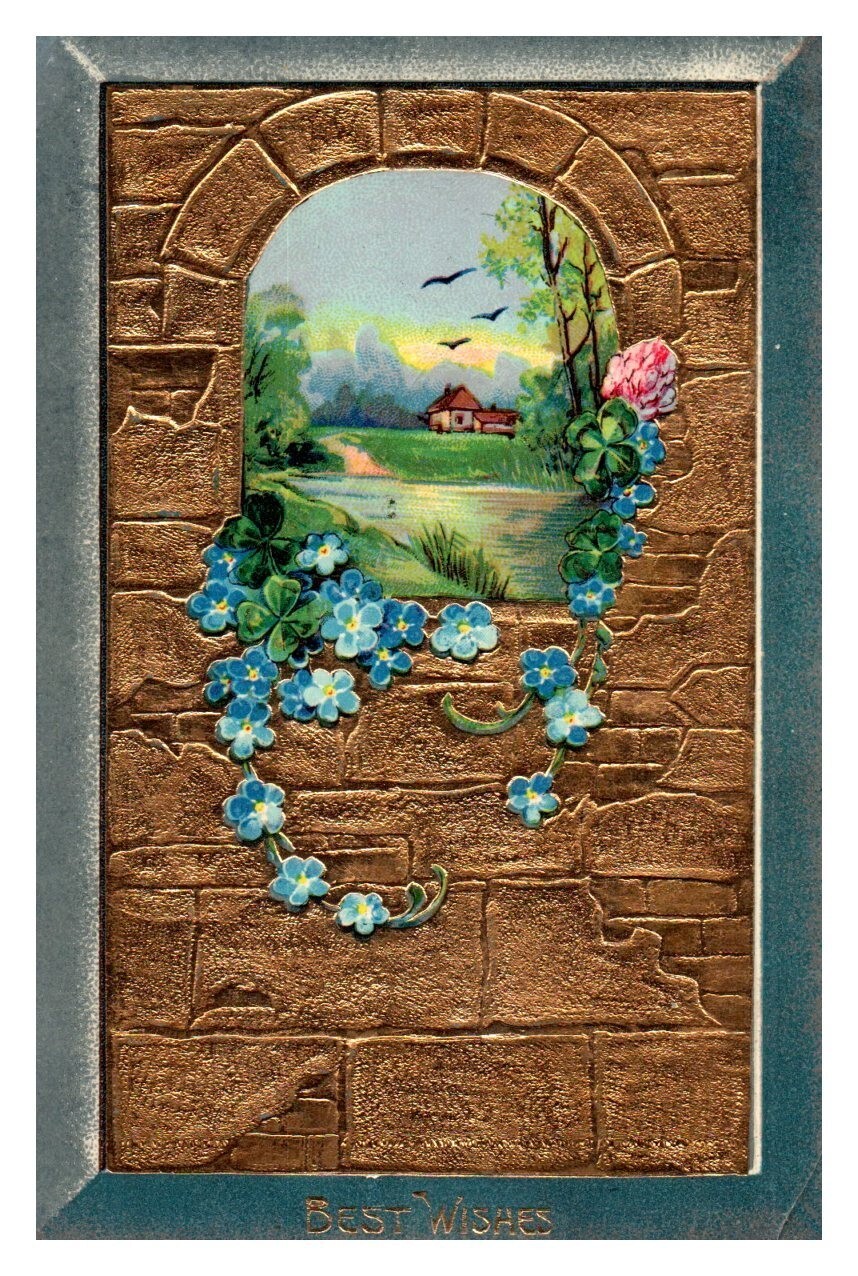 Vintage Victorian Postcard 1911 Best Wishes - Gold Card with Blue Border Vintage Victorian Postcard 1911 Best Wishes - Gold Card with Blue Border