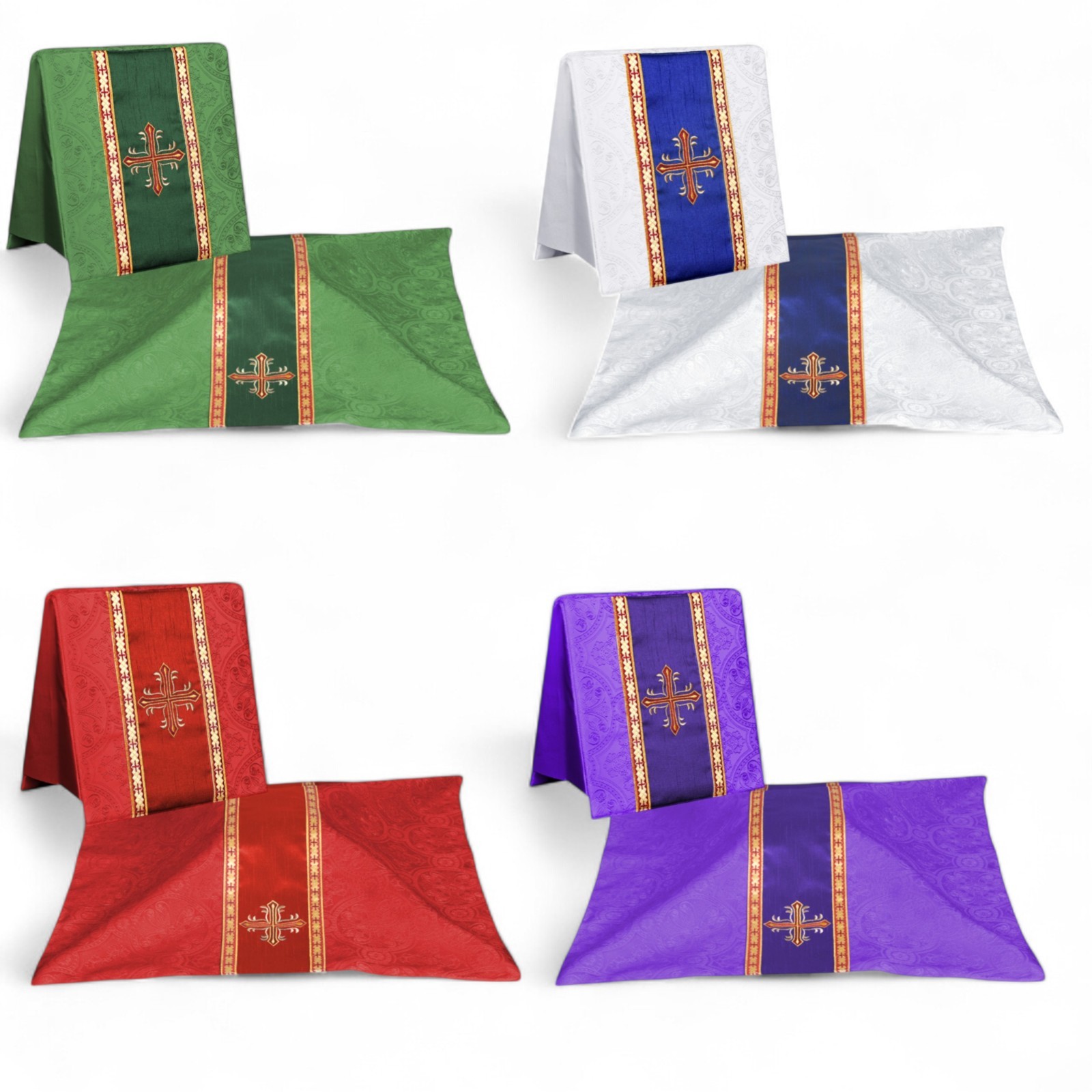 Set of 4 Silk Burse & Chalice Veil Sets – Embroidered Floral & Cross Design