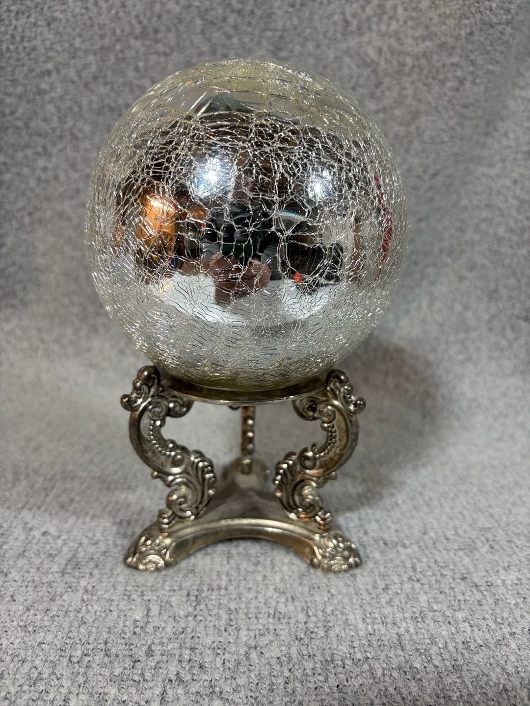 Vintage Godinger Silver-Plated Ornate Stand with Mercury Crackle Glass Sphere Vintage Godinger Silver-Plated Ornate Stand with Mercury Crackle Glass Sphere