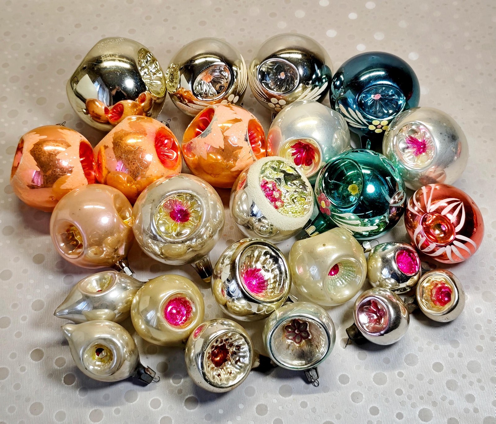 Vintage glass indent christmas ornaments, reflector dimple baubles, mercury