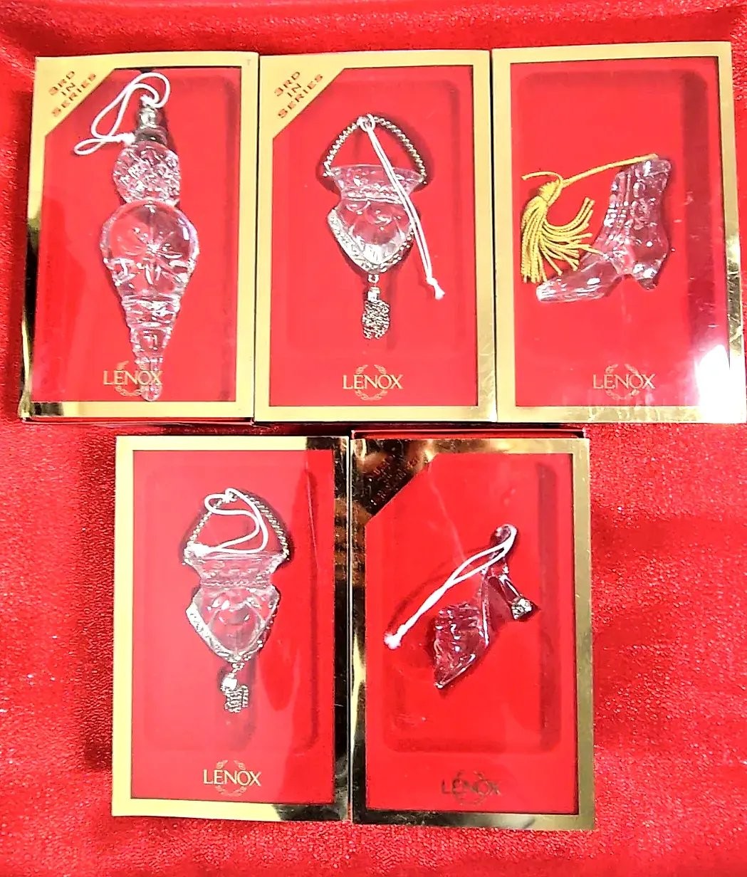 Lot of 5 Vintage Lenox Lead Crystal Christmas Ornaments  Boxed