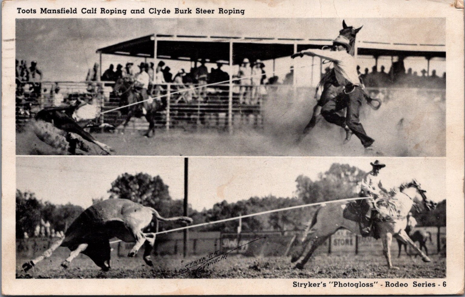 1944 Camp Hood TX Rodeo Toots Mansfield Clyde Burk Steer Roping Postcard 1944 Camp Hood TX Rodeo Toots Mansfield Clyde Burk Steer Roping Postcard