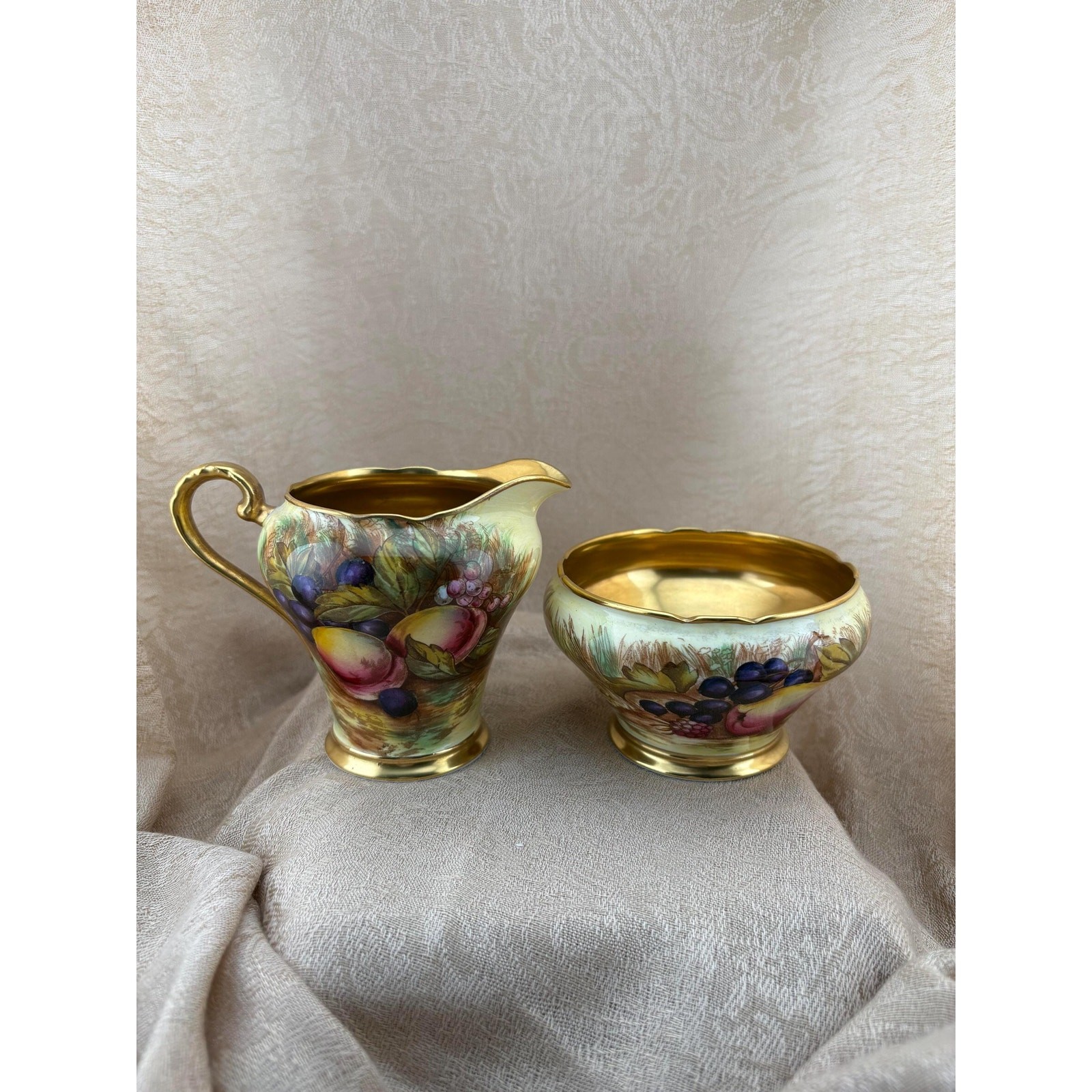 Aynsley Orchard Gold Creamer and Sugar Bowl | Signed D. Jones Rare Vintage Gilt