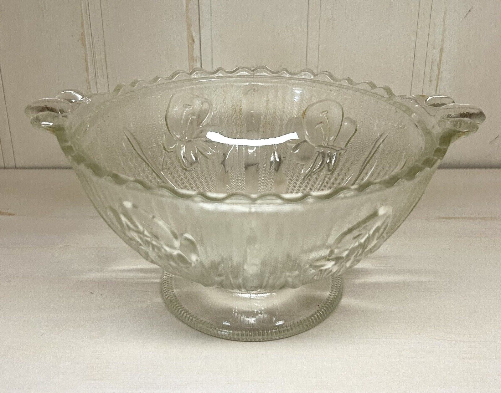 Jeannette Iris & Herringbone Clear Pressed Glass Open Candy Dish Pedestal