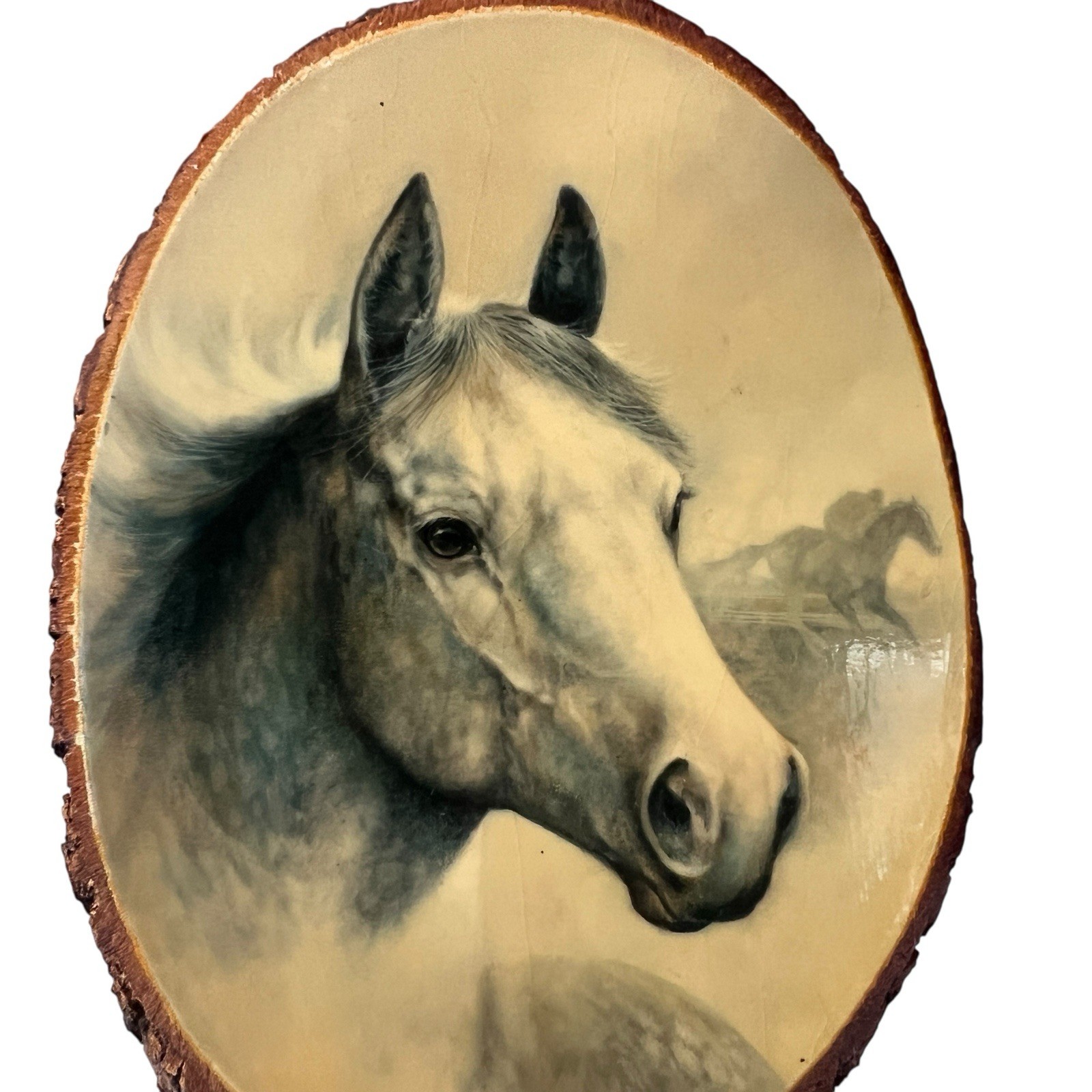 Vtg 70s Wood Tree Slice Dapple Gray Horse Plaque Wall Decor