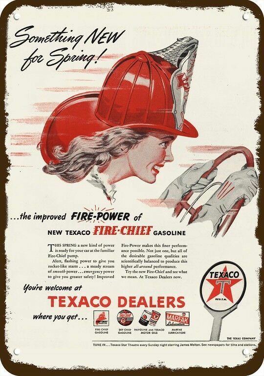 1946 Woman FIREFIGHTER FIREMAN & TEXACO Vntge-Look DECORATIVE REPLICA METAL SIGN 1946 Woman FIREFIGHTER FIREMAN & TEXACO Vntge-Look DECORATIVE REPLICA METAL SIGN