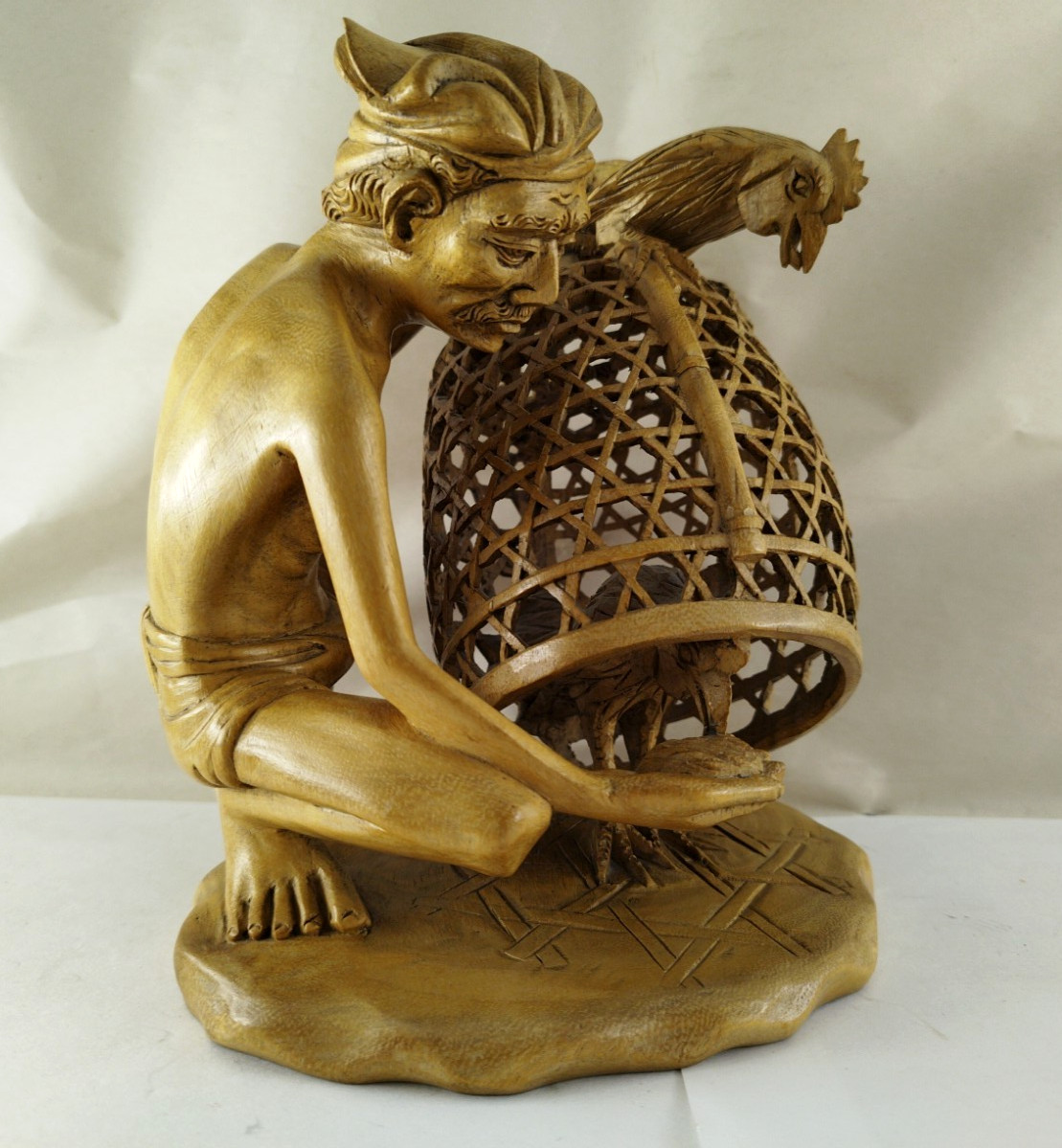 Vtg Bali Hand Carved Wood Balinese Man Feeding Chicken & Rooster on Top of Cage