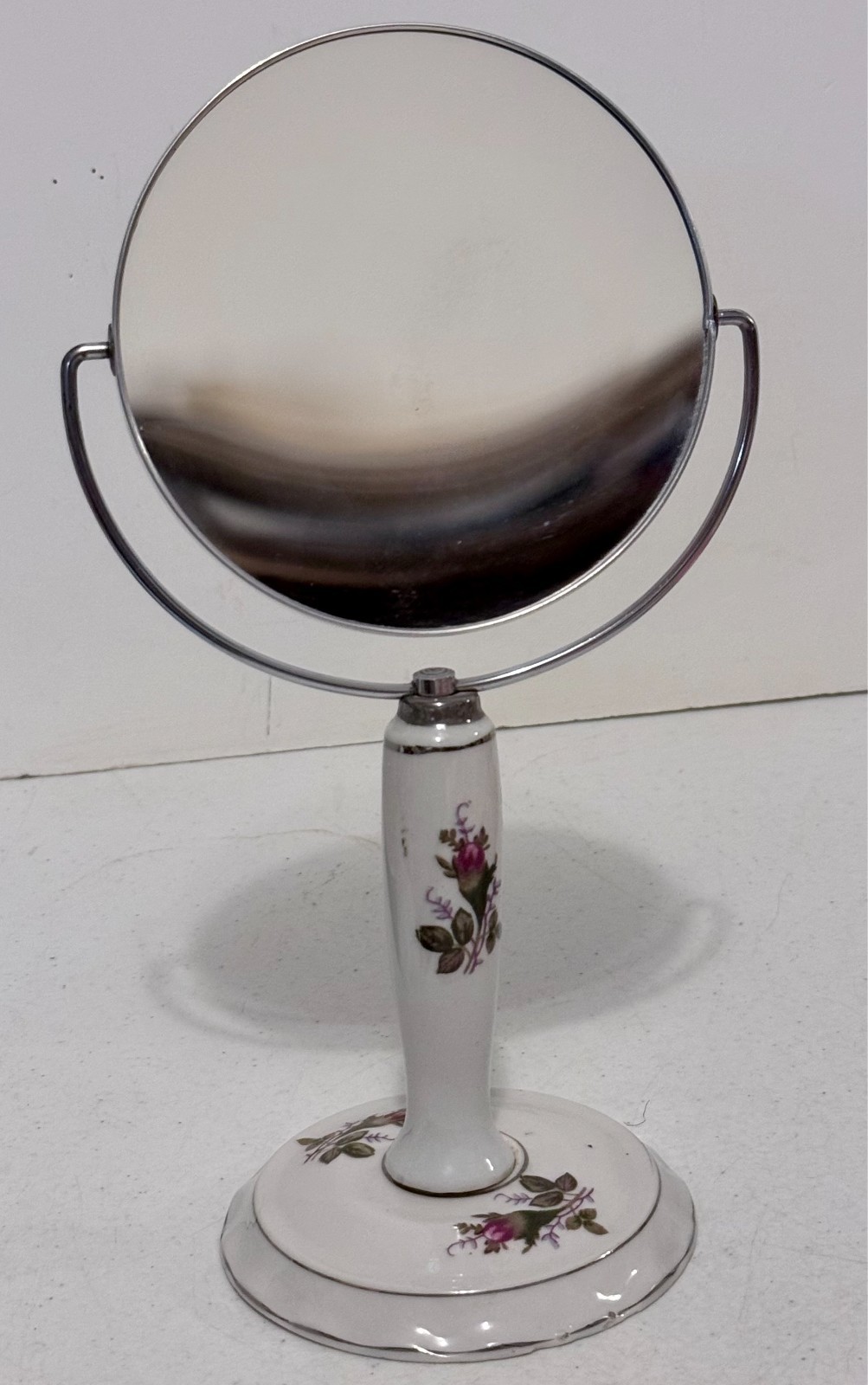 Vtg MOSS ROSE VANITY Porcelain Swivel MIRROR 2 sides Regular & Magnifying 10.5