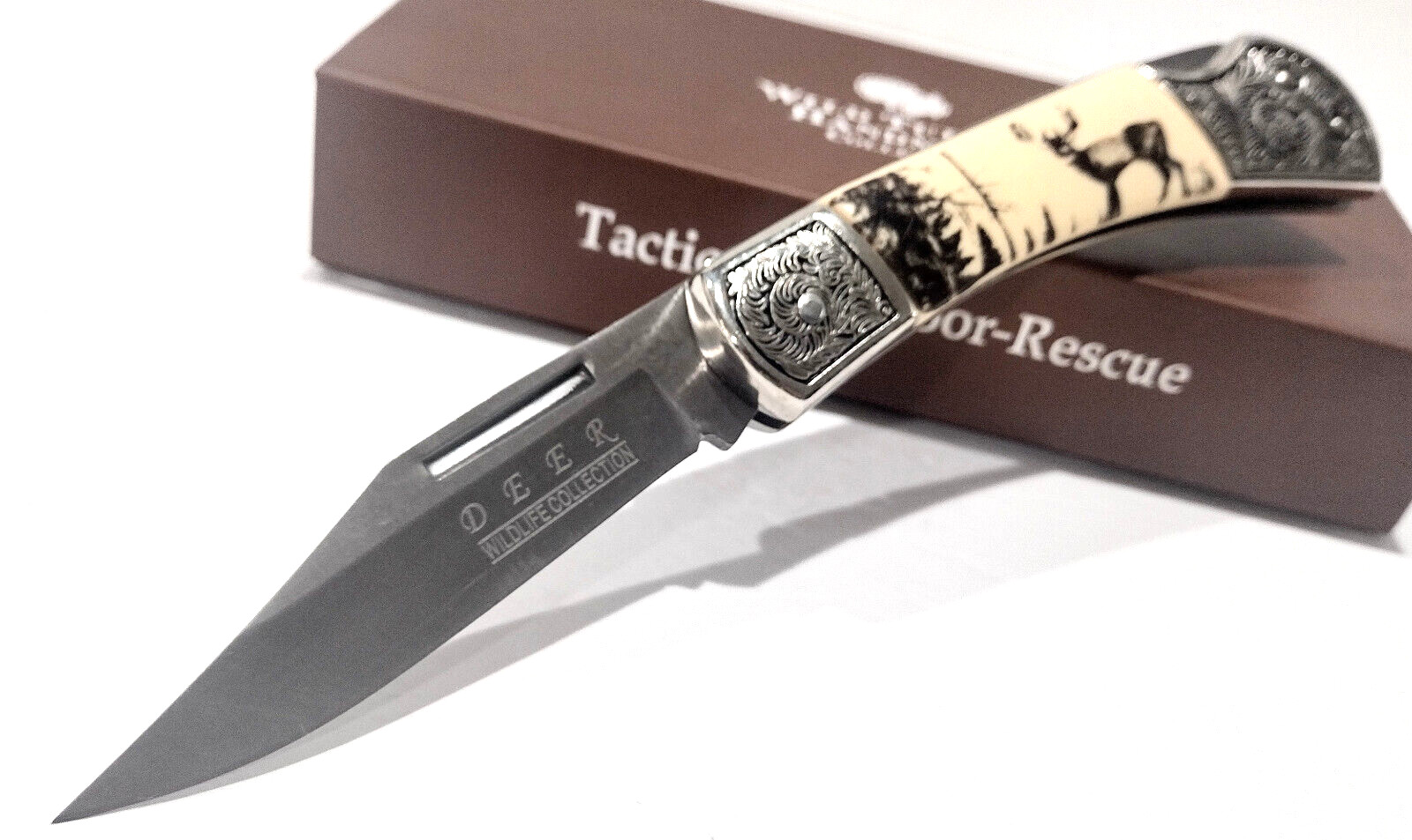 Buck Deer Scrimshaw Scene Smooth White Bone Lockback Folding Pocket Knife Buck Deer Scrimshaw Scene Smooth White Bone Lockback Folding Pocket Knife