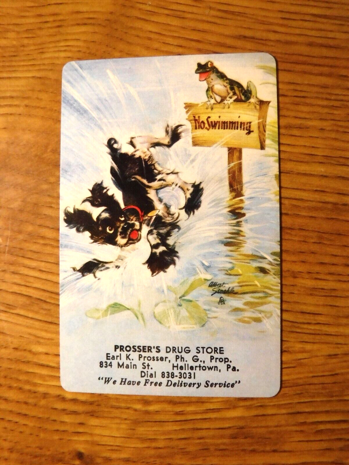 MID 1900'S VINTAGE PLAYING CARD SWAP COUPON BUTCH DOG & FROG ON NO SWIMMIMG SIGN MID 1900'S VINTAGE PLAYING CARD SWAP COUPON BUTCH DOG & FROG ON NO SWIMMIMG SIGN