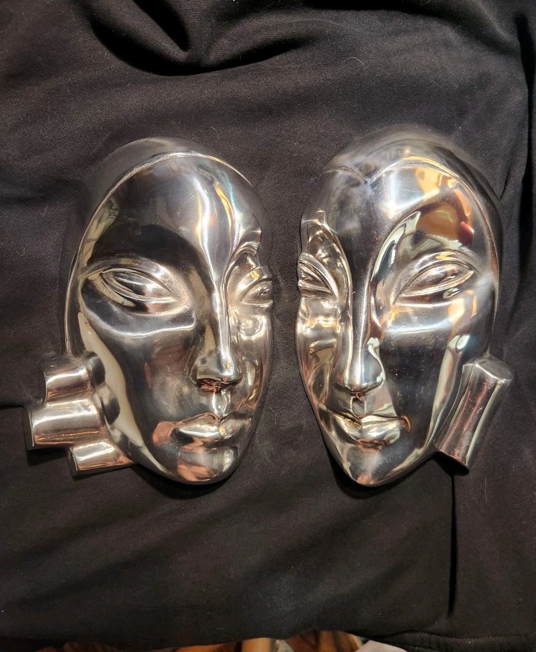 Pair Vintage Art Deco Marcel Avond 1934 Style Metal Wall Mask Plaques Set