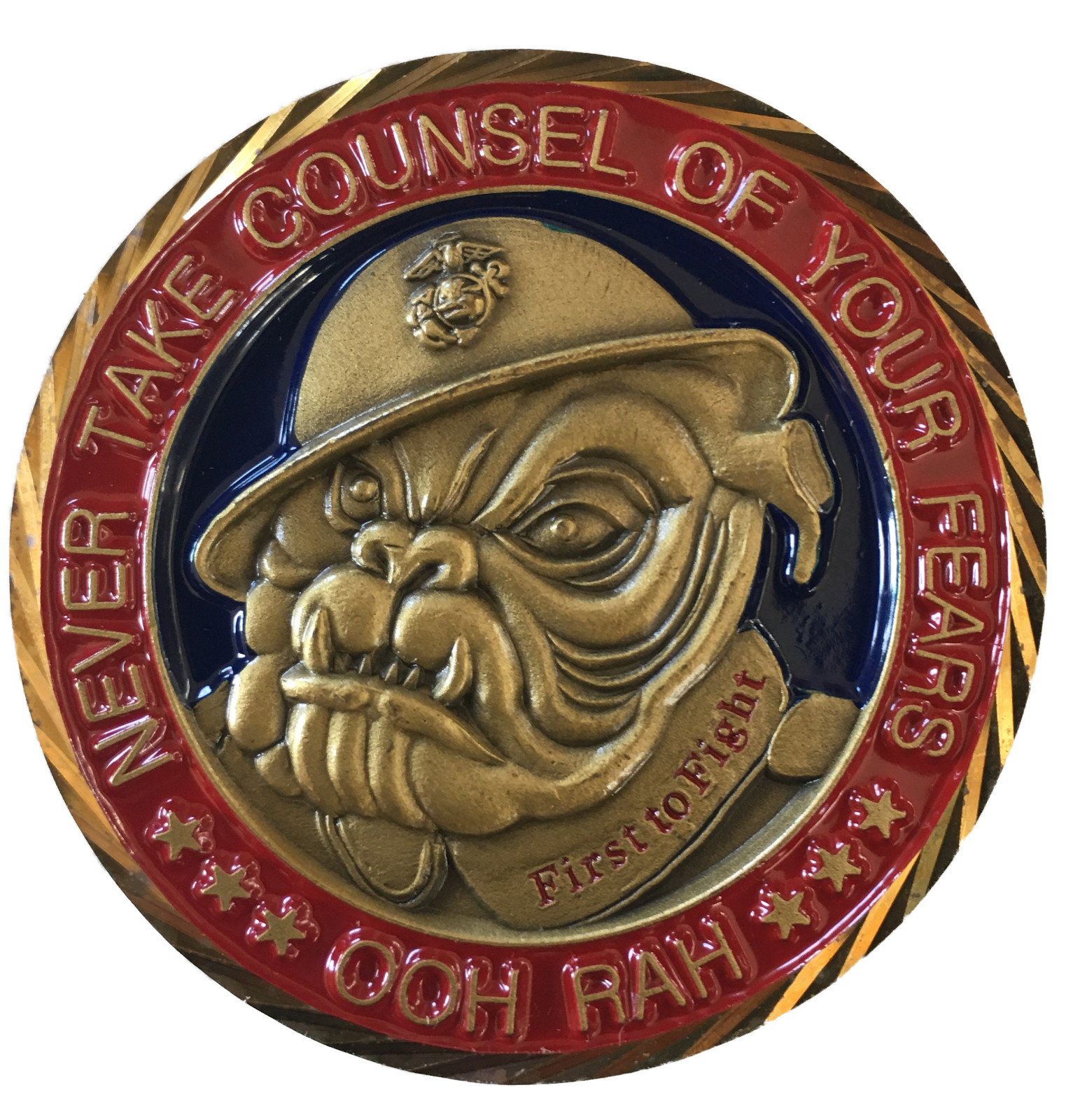USMC Chesty Bulldog Marine Mascot Brass Challenge Coin First to Fight (SOI MCRD)