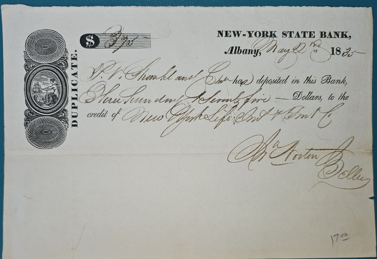 Rare 1835 New-York State Bank Deposit Receipt – Early NY Life Insurance Document