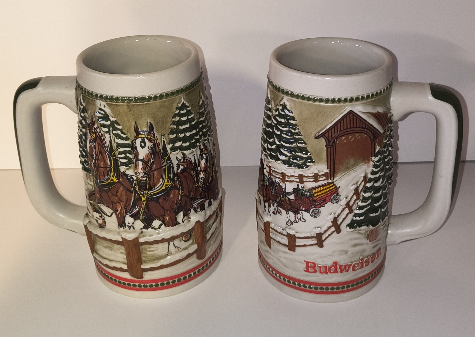 Vtg Ceramarte  Budweiser Anheuser Holiday Beer Stein Clydesdales set of 2