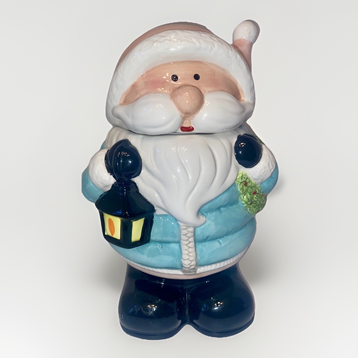 VTG Santa Claus Ceramic Cookie Jar Canister Pink Light Blue Puff Coat 12in