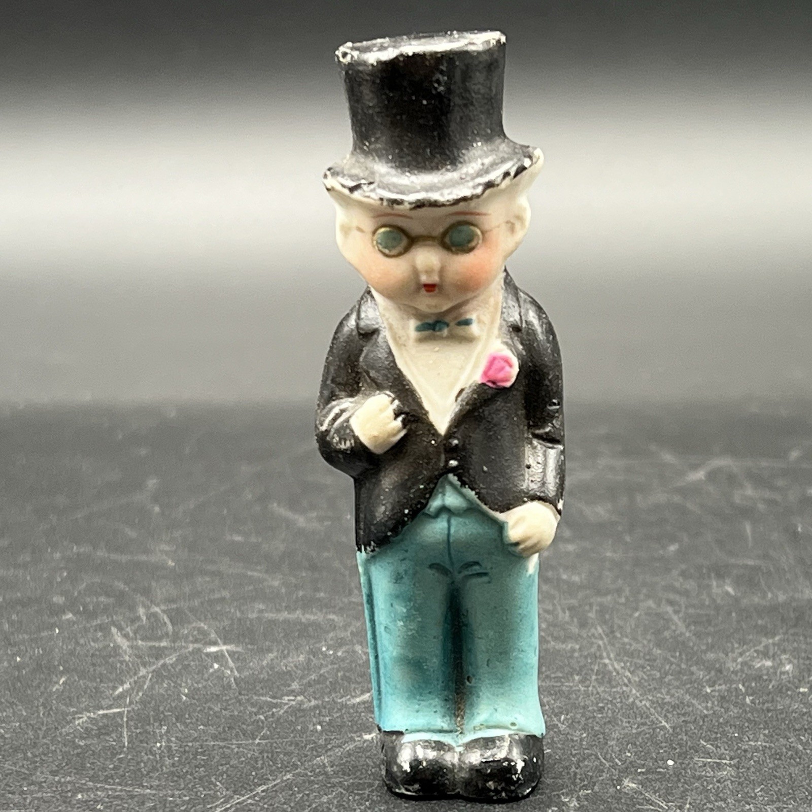 Vtg Japan Bisque Porcelain Miniature Groom Figurine Top Hat Glasses Penny Doll
