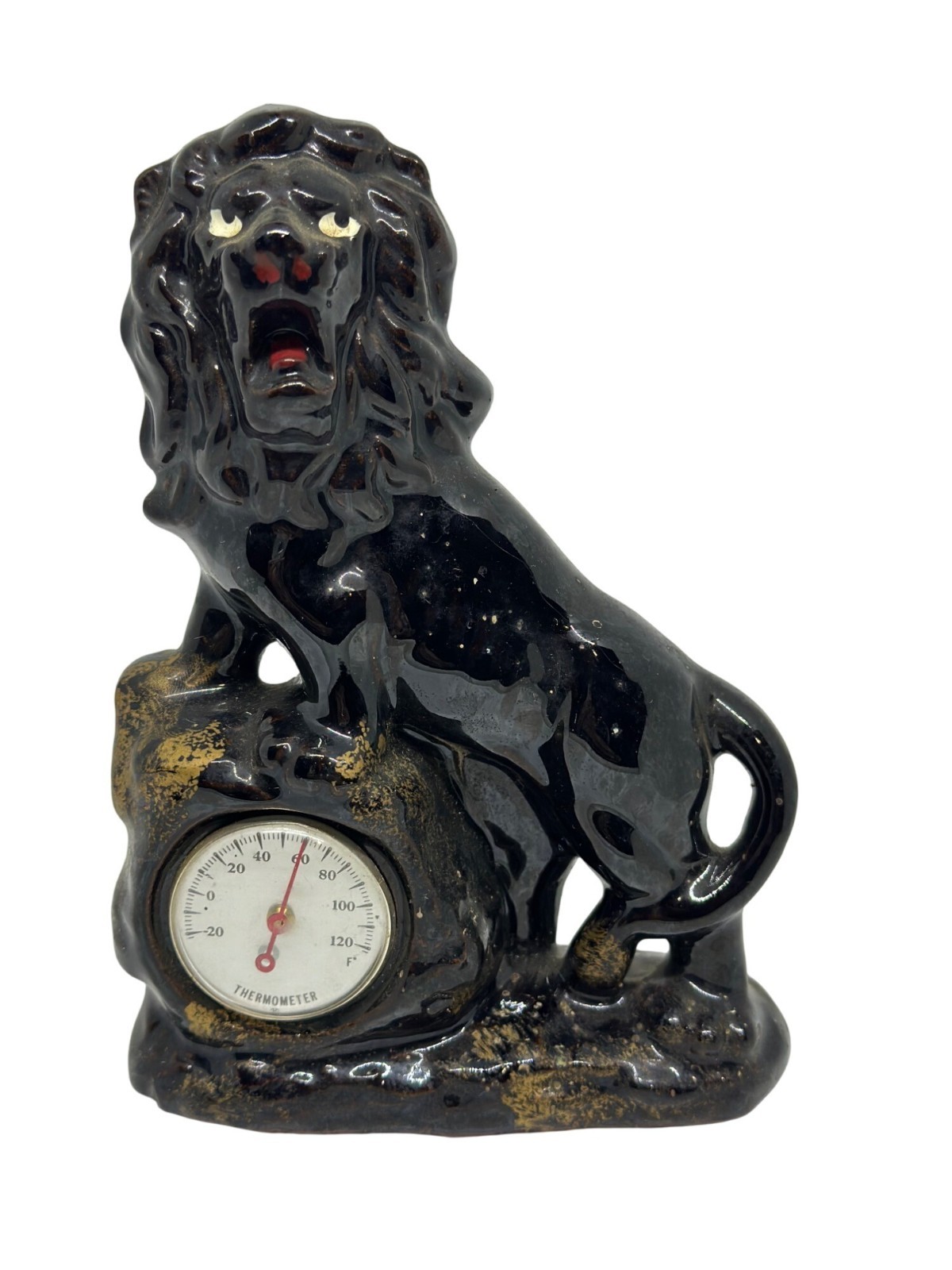 VTG Black Ceramic Lion Figurine w/ Thermometer Japan MCM Glossy Decor 6