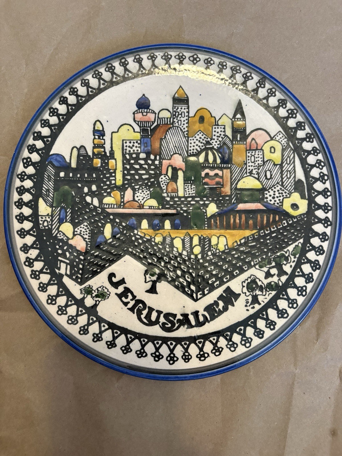 Vintage Jerusalem Holy Old City Plaque Ceramic Wall Plate Hebrew Jewish Judaism