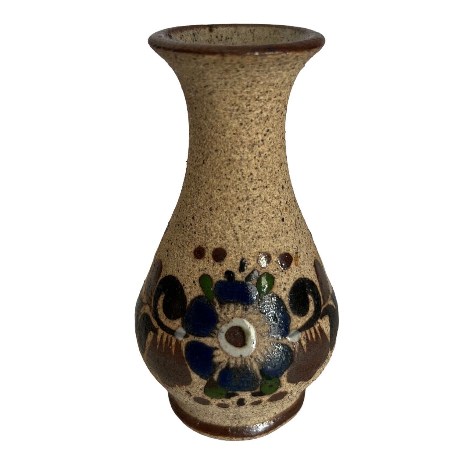 Tonala Mexican Small Sandstone Bud Vase Blue Flower Artist Signed Original 4”