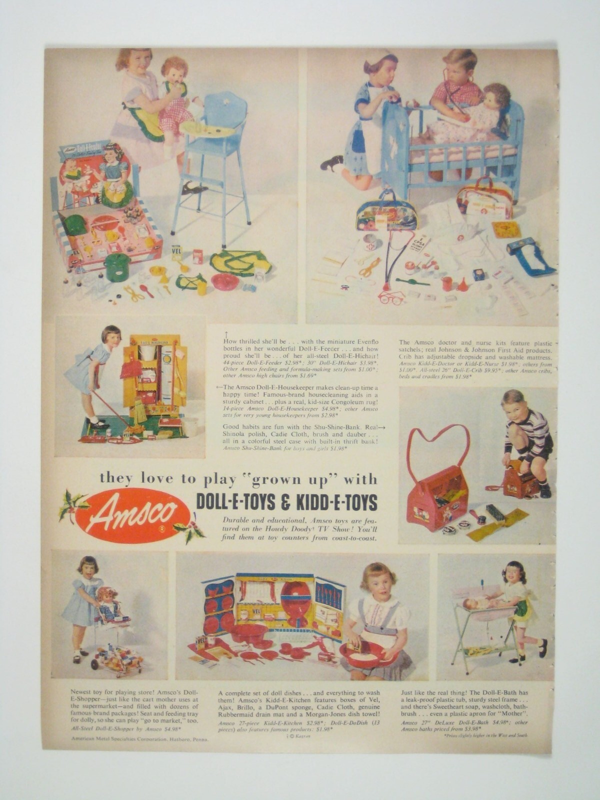 Vintage Amsco Doll E Toys Kidd E Toys Advertisement Print 195os MOD Toys Dolls