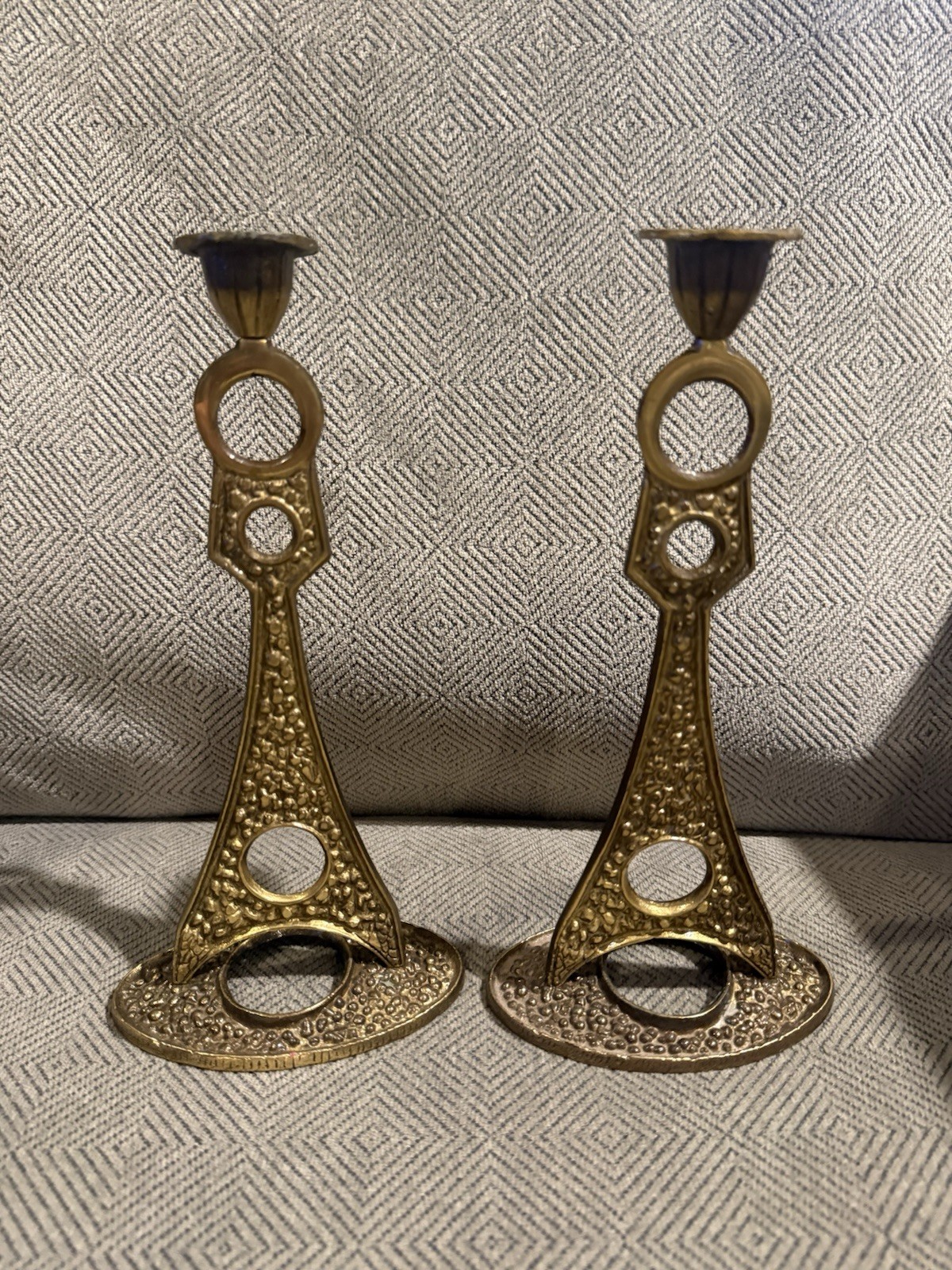 Vintage 1959 Ben Zion Jerusalem Israel Brass Shabbat Candlesticks Pair Signed Vintage 1959 Ben Zion Jerusalem Israel Brass Shabbat Candlesticks Pair Signed
