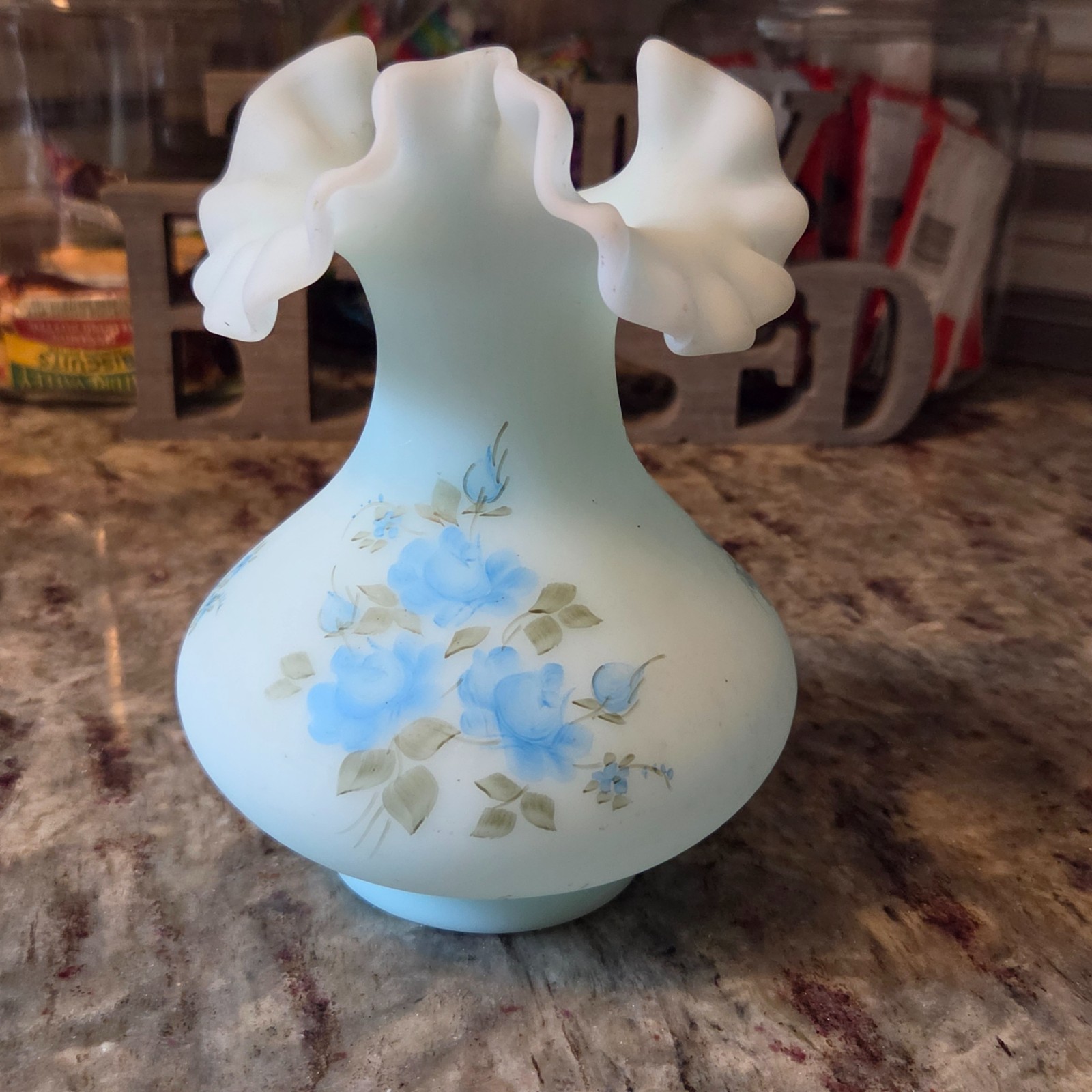 Vintage Fenton Blue Satin Glass Ruffled Vase Hand Painted signed Nancy Rogers 7\